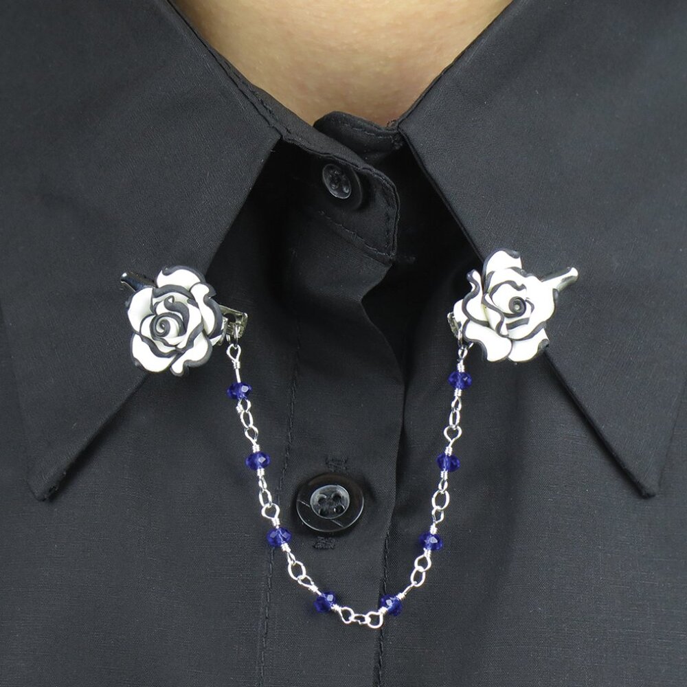 Sweater Clip -NEW- Floral Vintage Collar Dress Blouse Cardigan Pin w/ Bead Chain